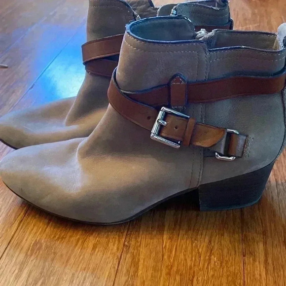 Coach Pauline suede tan booties - brown buckles - size 7.5